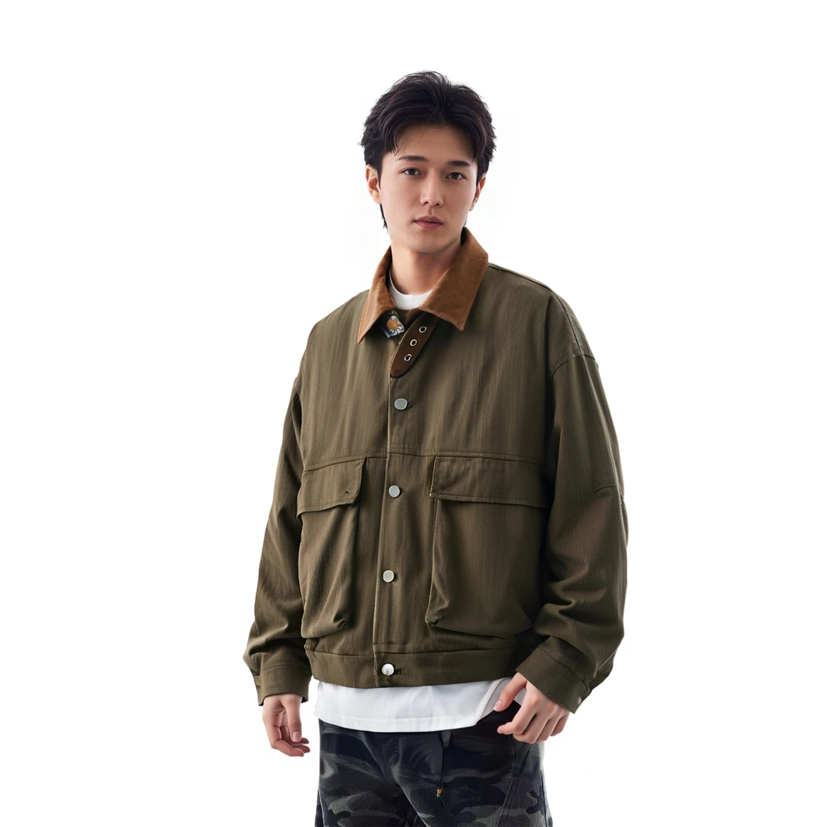 

American High Street Vintage Leather Patchwork Collar Jaet Men's Women's Detroit Workwear Coat Spring Season Polyester Fiber