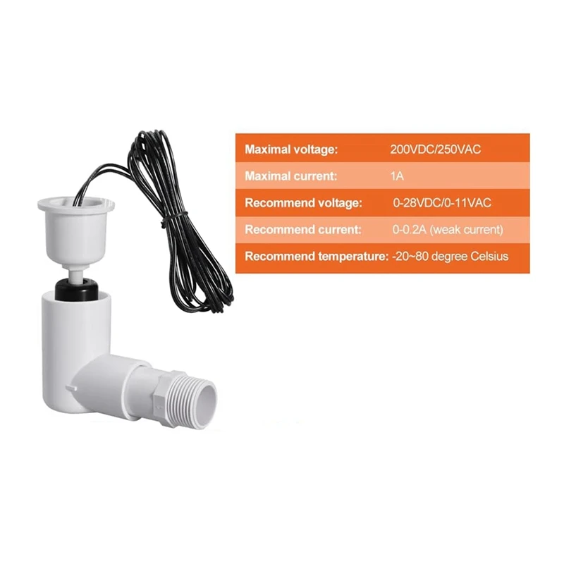 SS2 Float Switch L-Shape With 3/4 Inch Adaptor And 6Ft Wire Water Float Switch For HVAC Drain Pan Condensate Outlet