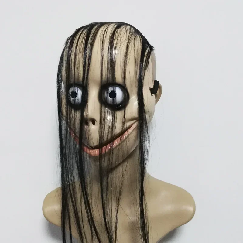 Nuovo Momo Spaventoso Copertura per il viso Halloween Horror con maschera per capelli lunghi Maschera divertente Maschera per la bocca a forma di V con capelli Fantasma femminile Gioco di ruolo