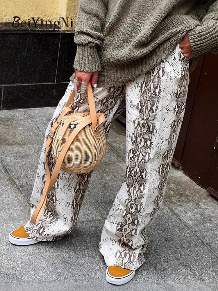Beiyingni 2025 nouvelle mode femmes Y2K pantalon motif serpent décontracté Vintage haute rue pantalon droit automne femme pantalon ample