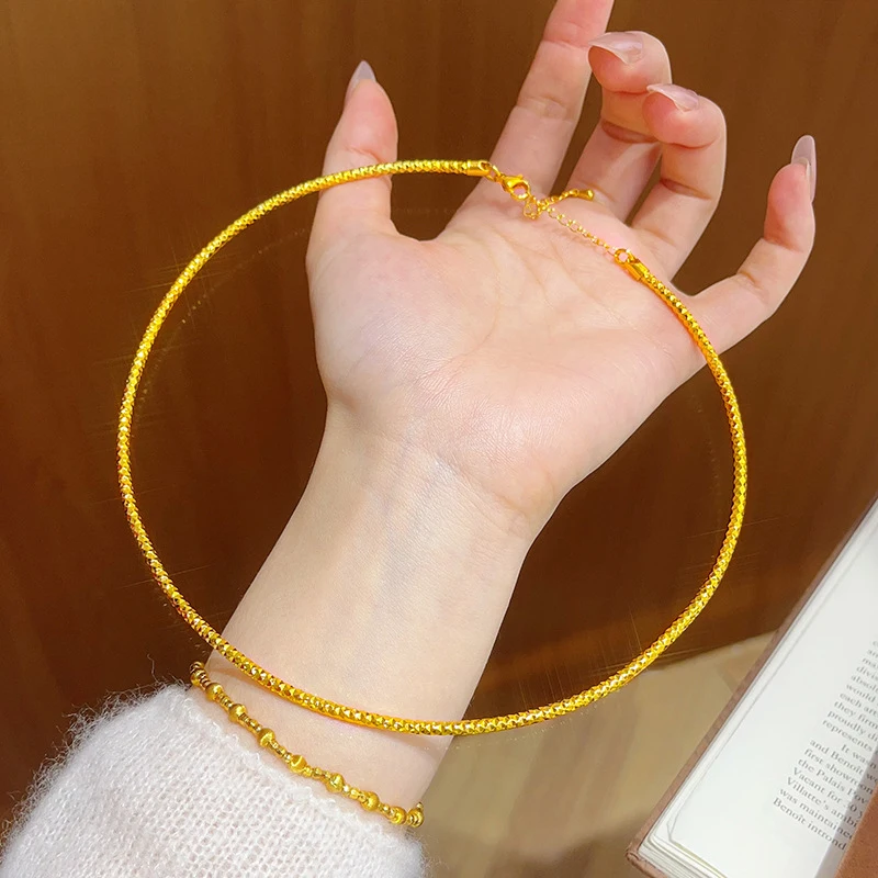 Luxury 100% Real 24K Gold Shiny Full Diamond Starry Plain Circle Choker Necklace Adjustable