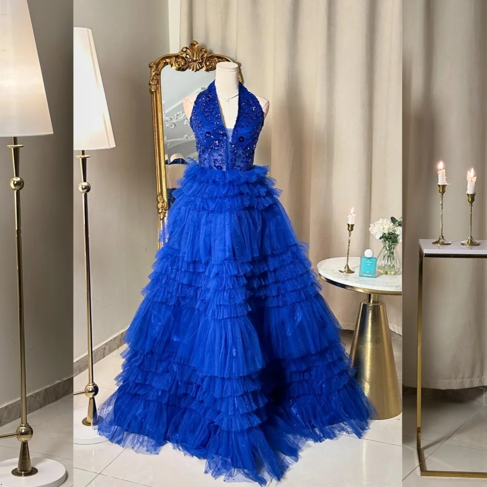 

Customized Formal Net Pleat Sequined A-line Halter Long Dresses Bespoke Occasion Party Sizes Available