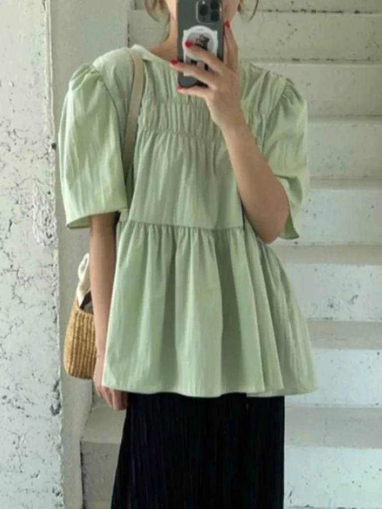 New Korean Minimalist Style Student Short Sleeved Shirt Summer Fashion Loose Round Neck Unique Solid Color Women Doll Shirt Top