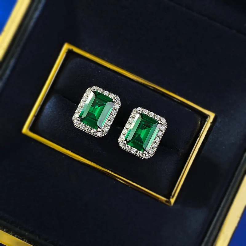 

100% 925 Sterling Silver 6*8mm Synthetic Emerald Stud Earrings For Women Sparkling Wedding Party Fine Jewelry Wholesale