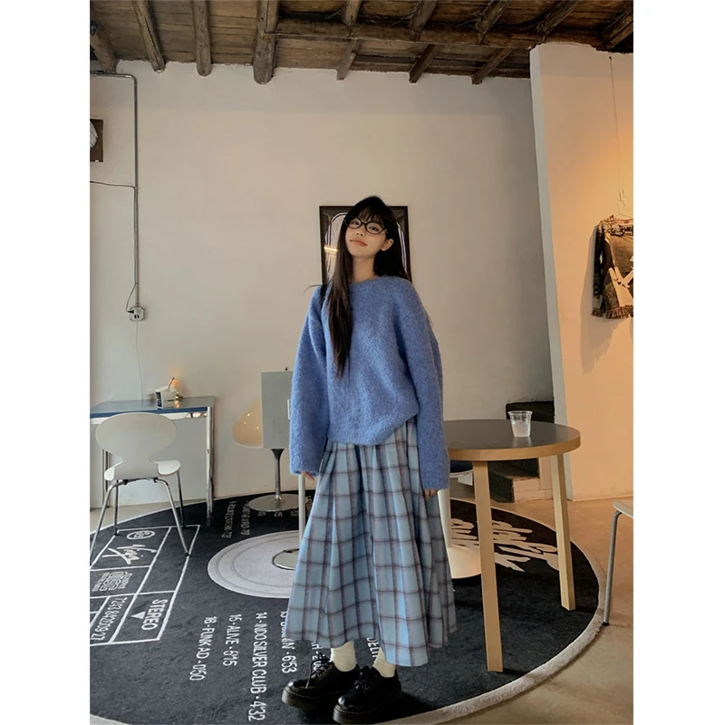 Vintage Plaid jupe Midi femmes japonais Harajuku laine jupes plissées hiver Streetwear coréen taille haute décontractée une ligne Faldas