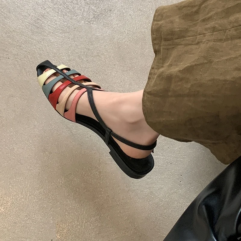 

2026 New Genuine Leather Sandals Women Shoes Mixed Color Flat Sandals Summer Fashion Party Dress Buckle Shoes Large Size34-41