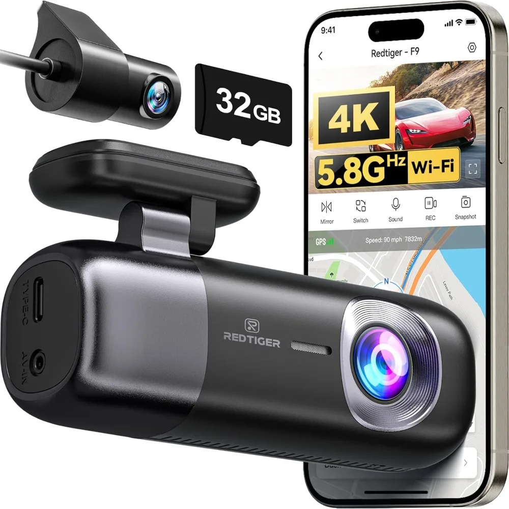 

F9 Dash Cam 4K Front and Rear 1080P, WiFi GPS Car Camera with 32GB Card, Dash Camera for Cars, Loop Recording, Night Vision
