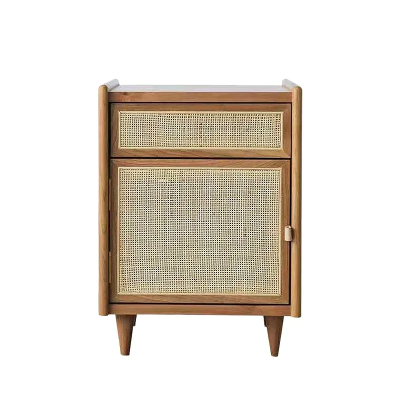 Nordic Solid Wood Rattan Nightstand Living Room Sofa Side Table Bedroom Storage Cabinet Hotel Furniture
