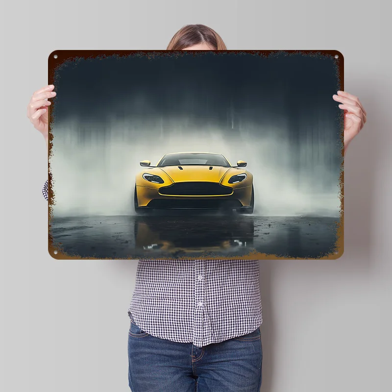 Gelbes Sportauto im Regen Poster Individualisierte Vintage Metallschilder Wandkunst Retro Blechschild zur Dekoration Schlafzimmer-Dekor Raumdekoration