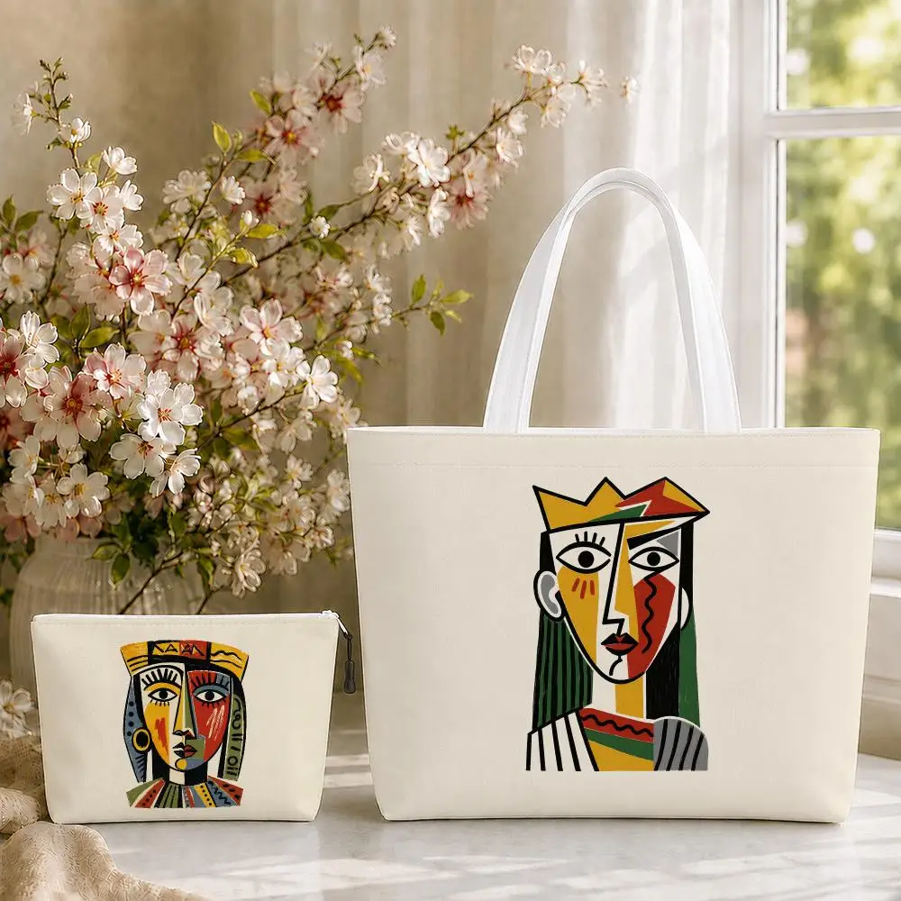 Picasso Exhibition The Kiss Art Storage Bags 2-Piece Set Double-Sided Print with Zipper Canvas Shopping Tote Bag Work Travel Set