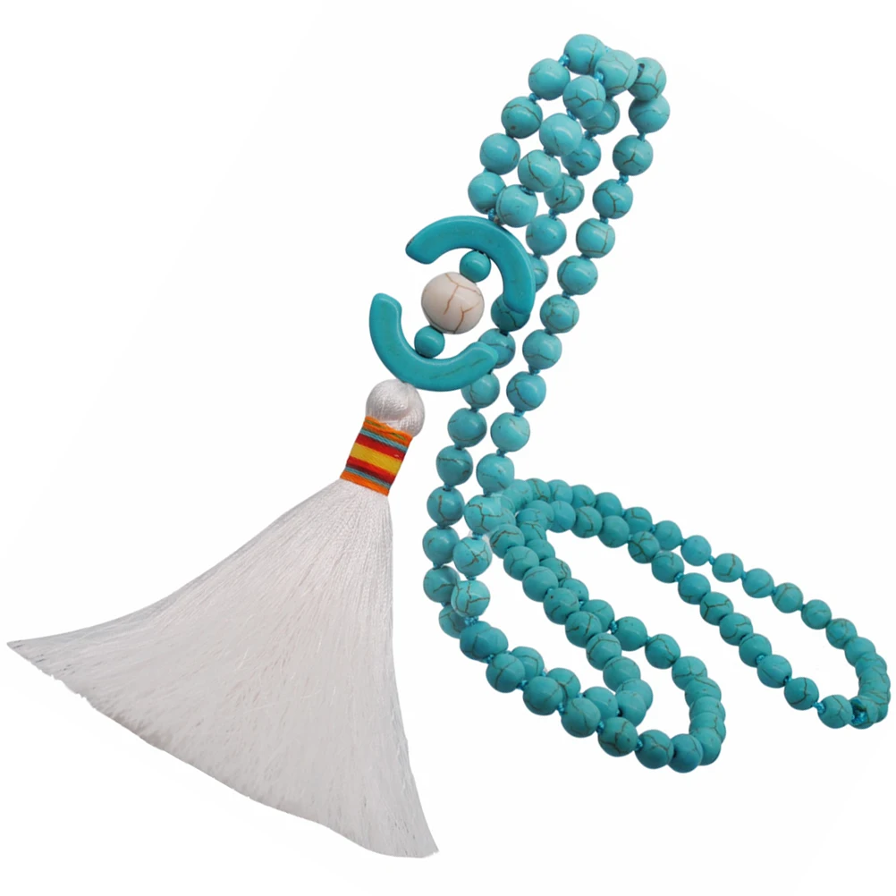 

Wooden Bead Turquoise Necklace Vintage Long Beaded Tassel Chain Ethnic Jewelry for Women Blue White Accessories