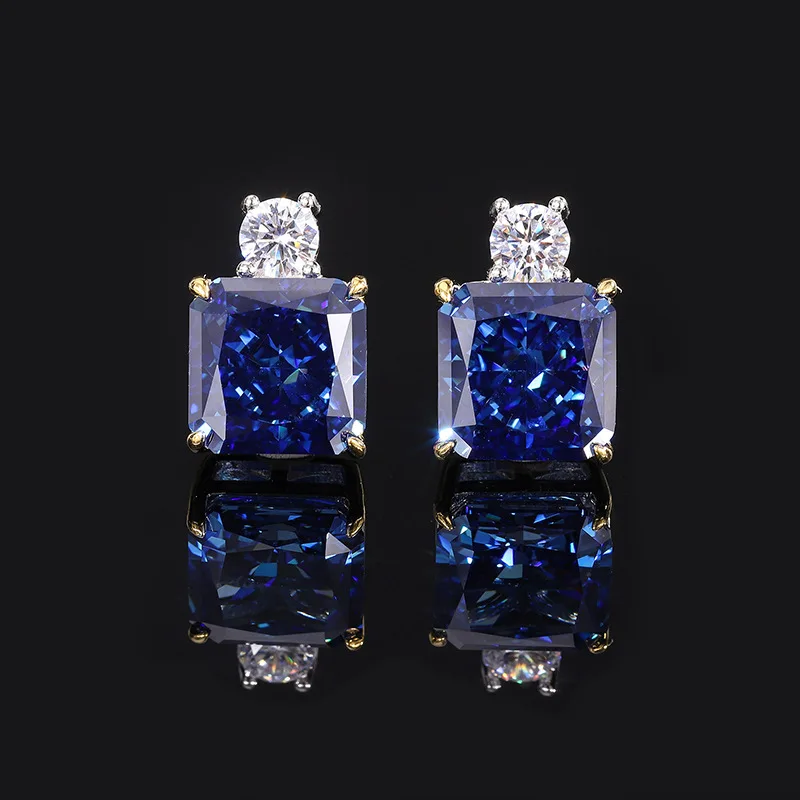 Jewelry S925 Silver High Carbon Diamond Royal Blue Square Elegant Luxurious Set Main Stone 14*14-10*10