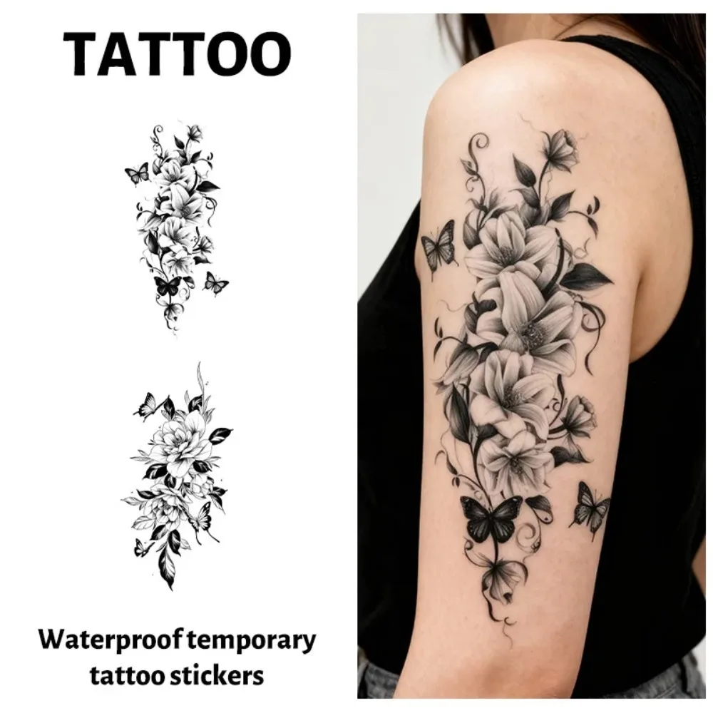

Временная татуировка-наклейка с цветами и бабочками, долговечная и водонепроницаемая, реалистичные фальшивые татуировки для женщин, для рук, груди, ног