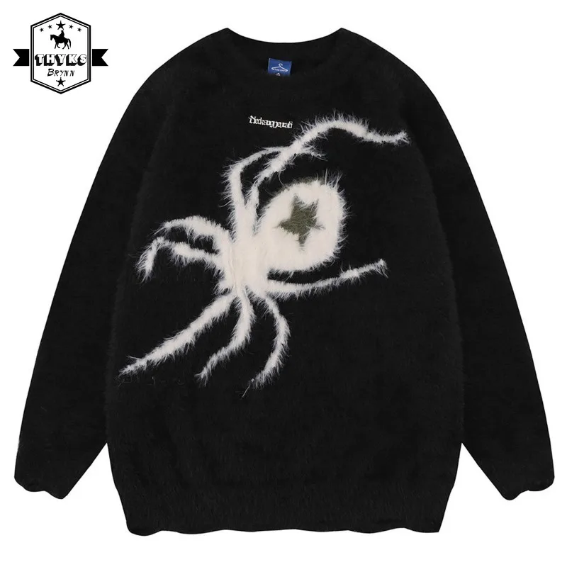 

Spider Sweater Men Hip Hop Harajuku Mink Knitted Web Pattern Letter Jumper High Street Loose Pullover Vintage Sweater Women