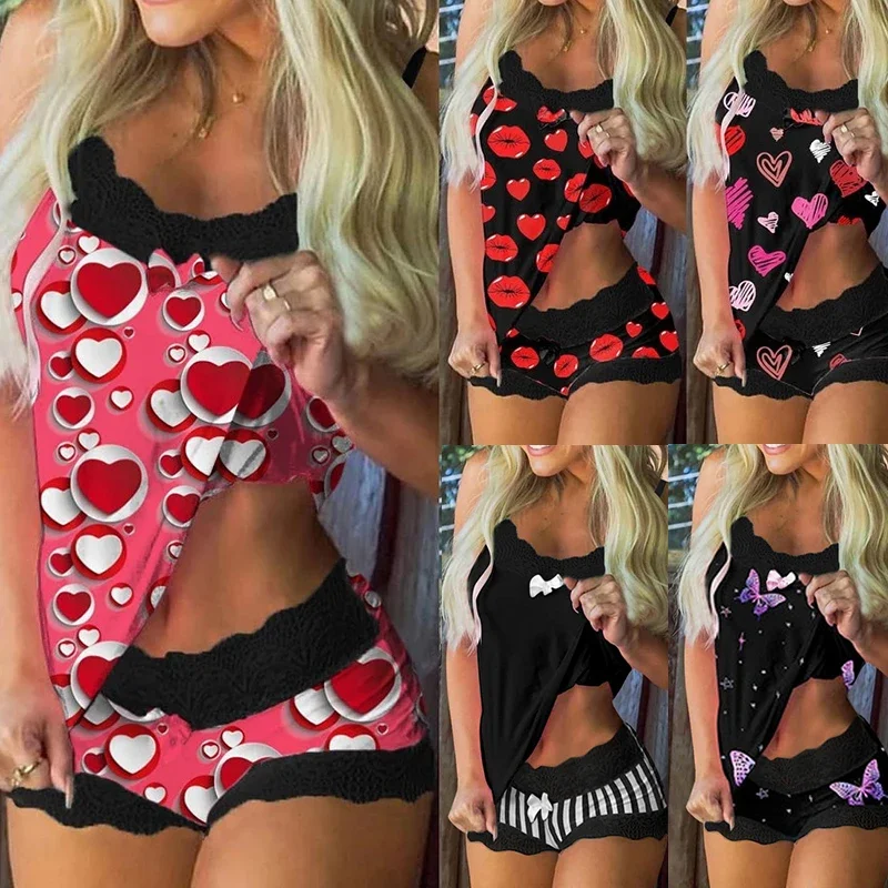 Zomer Vlinder Bloemen Print Top + Shorts Dames 2 Delige Set Mouwloos 3xl Plus Size Nachtkleding Sexy Dames Nachtkleding