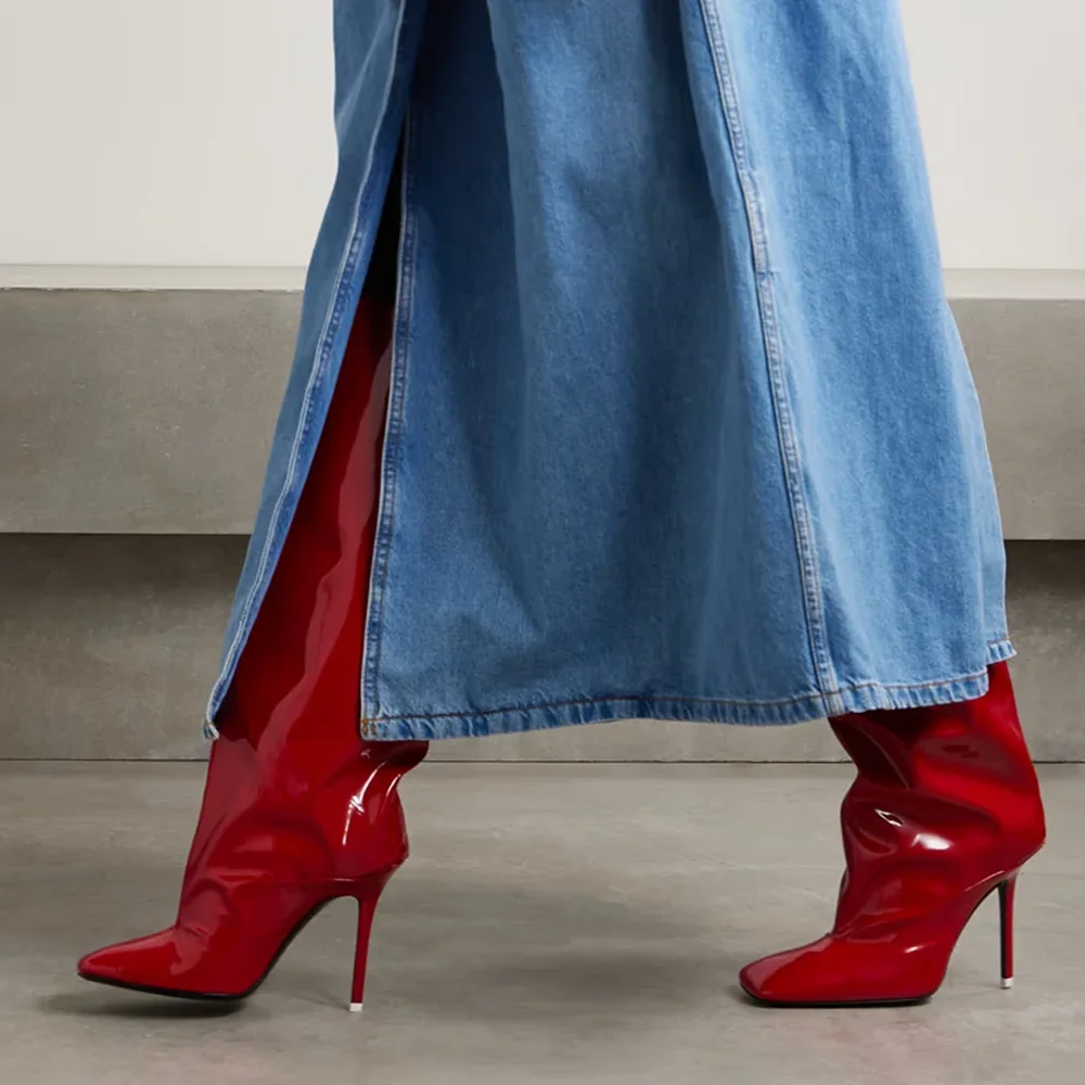 

Red Leather Patchwork Square Toe Slouchy Boots Sexy Square Toe Thin Heels Accept Customized New Arrivals Fashion Women Boots