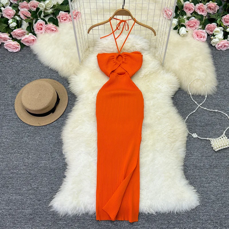 

Women Dress Long Dresses Sexy Slim Fit Bodycon Halter Lace Up Sheath Knitted Vestidos Tight High Waist Elegant Splice Hip Wrap