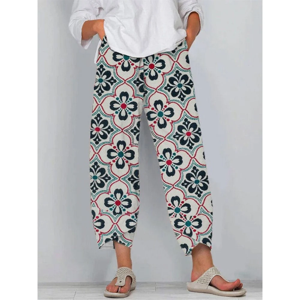 

CLOOCL Women Baggy Pants Retro Flower Plaid Print Fitness Wear Loose Casual Wide Leg Pants Two-pocket Cropped Pants