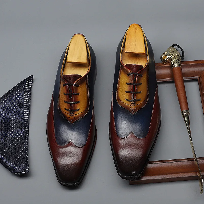 Men's Vintage Color-Block Leather Shoes Business Formal Men's Shoes British Style