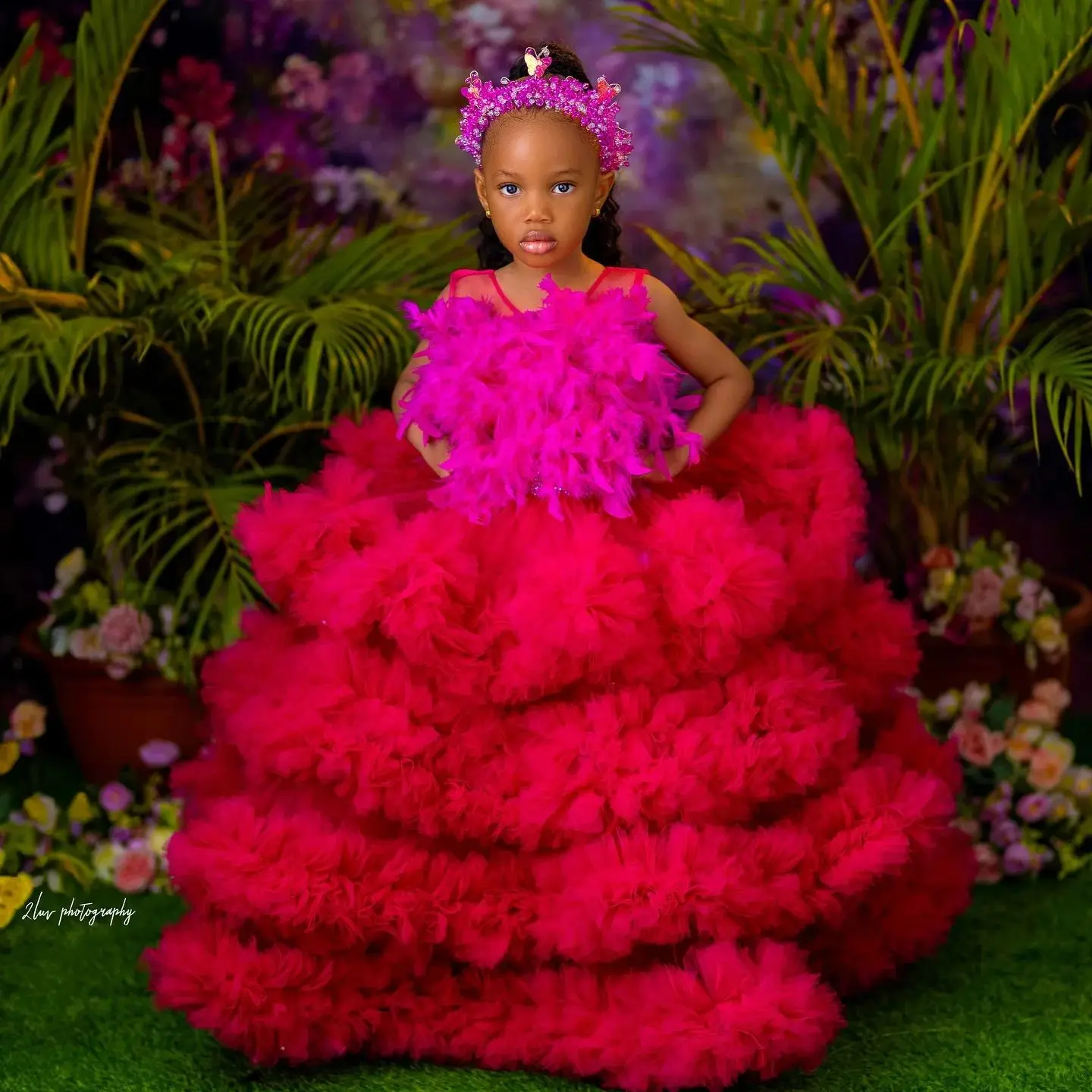 Luxury Red Kids Birthday Party Dresses Customized Feather Flower Girl Dresses for Wedding Baby Girls Prom for Photoshoot