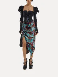 Woman clothing y2k fall and winter Saturn plaid print double irregular midi dresses2024 new drawstring split skirts for women