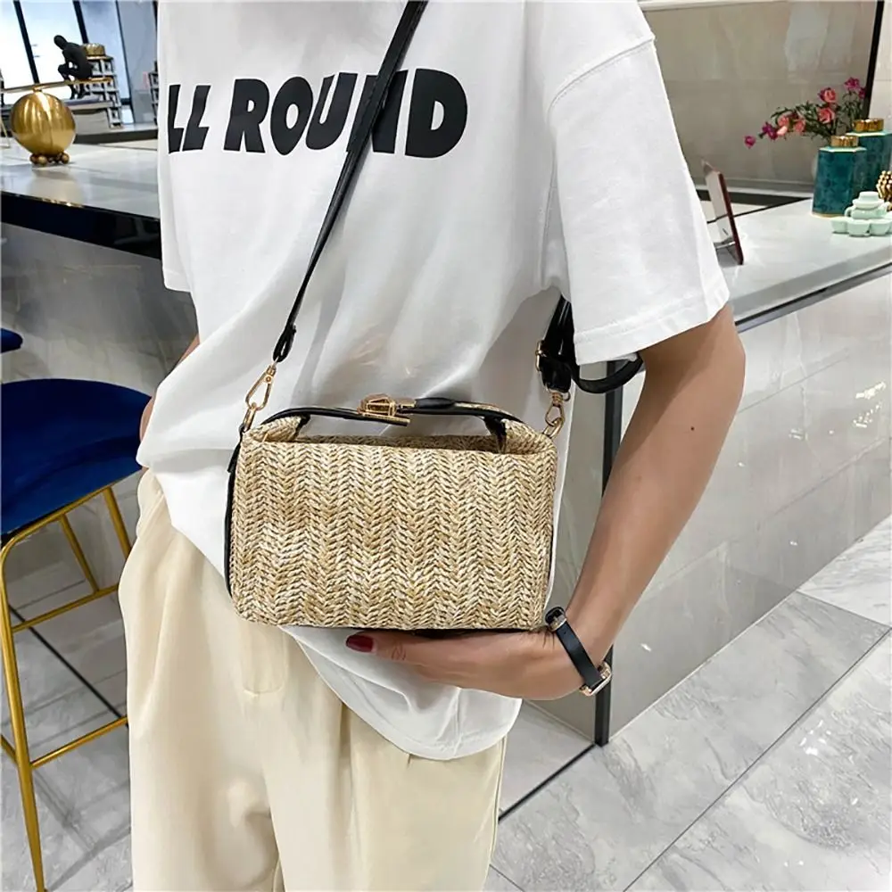 With Hardware Lock Crossbody Bag Trendy Large Capacity Simple Straw Handbag Soft Handle Beach Bag Women Girl