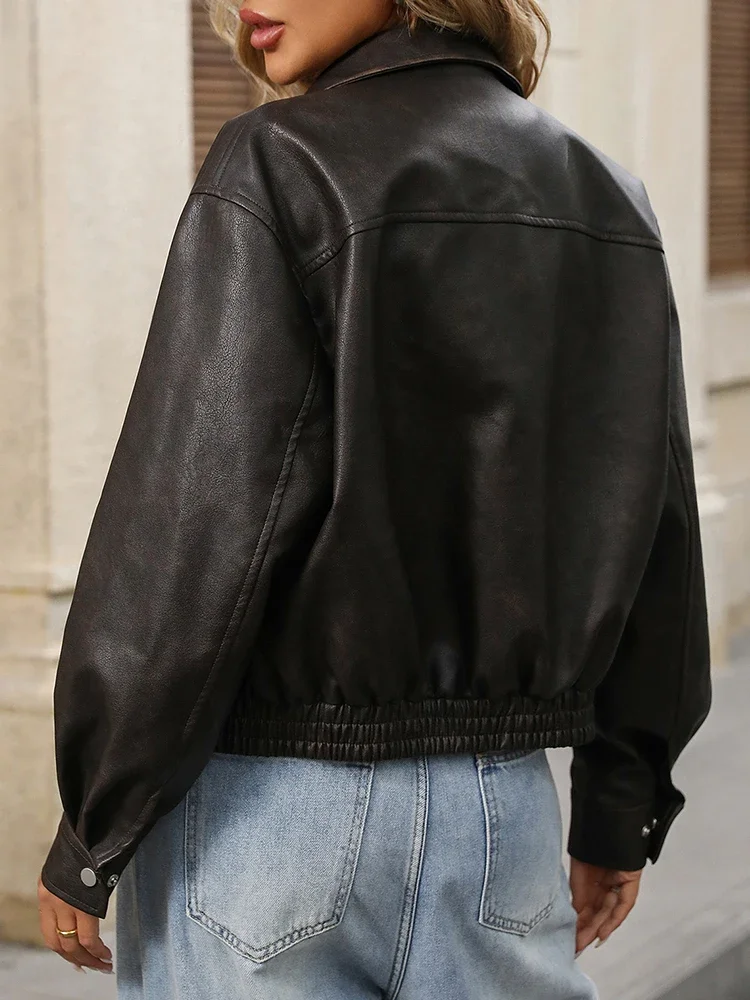 Primavera otoño mujer Retro suelta Pu chaqueta de piel sintética Vintage mujer ropa de calle cremallera bolsillo abrigo prendas de vestir 2025