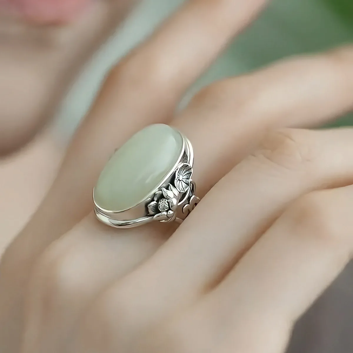 Literary Retro Lotus Ring Chinese Imitation Hetian Jade National Tide Jewelry Resizable Fondle Admiringly Women Gift Proposal