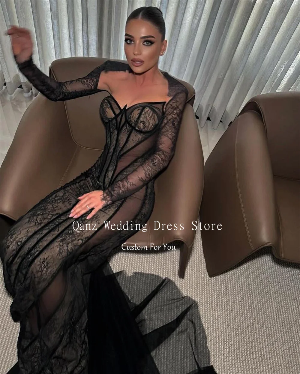 Qanz Sexy Black Mermaid Party Dresses Full Lace Long Sleeves Evening Gowns Night Event Vestidos Para Club Prom Dress Customized