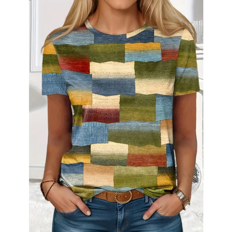 Plus Größe 1XL-5XL Neue frauen Mode Sommer Farbe Block Gedruckt Rundhals T-shirt Frauen Casual Kurzarm T-shirt