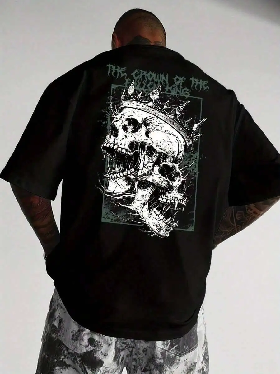 Mens Clothes;Summer Topsgraphic Tees Heavy Metal Skull Crown Print On The Back - Oversized White And Light Purple T-Shirt, 100%