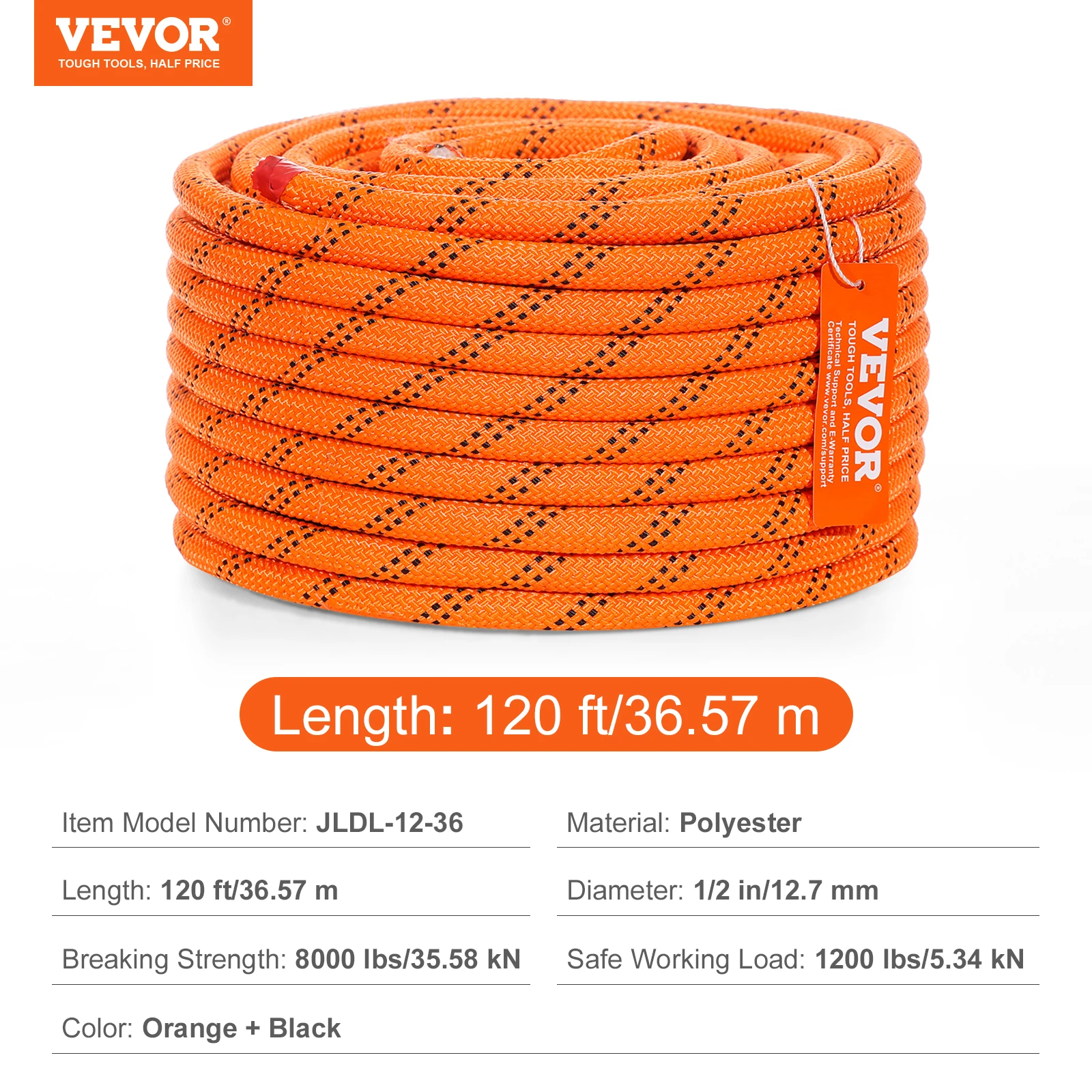 SucceBuy 120ft dubbel geweven polyester koord 3/8 1/2in 48-strengs multifunctioneel touw voor boomverzorger-activiteiten Outdoor-avonturen Veelzijdig