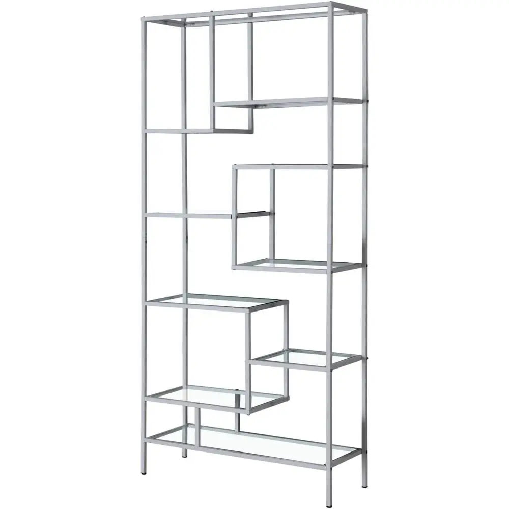 

Metal and Tempered Glass Bookcase, Gray, 72H x 32W, 9 Asymmetrical Shelves, Modern Office/Living Room Storage