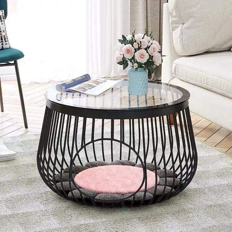 Nordic creative wrought iron living room balcony tea table people and cats share coffee table small pet cat nest home glass