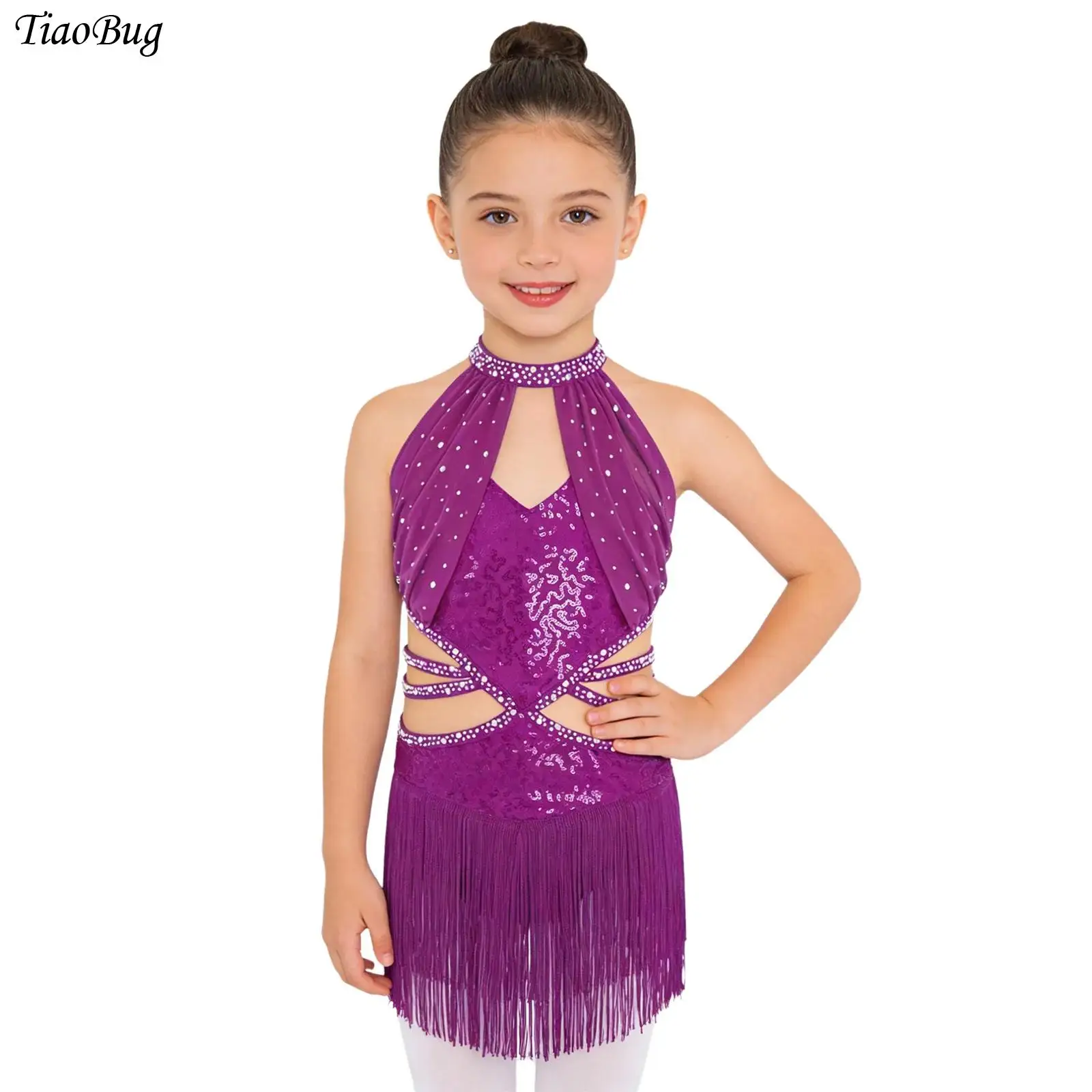 

Kids Girls Latin Dance Costume Ruche Mesh Overlay Bodice Rhinestone Sequin Tassel Ballet Leotard Dress Cha-cha Samba Performance