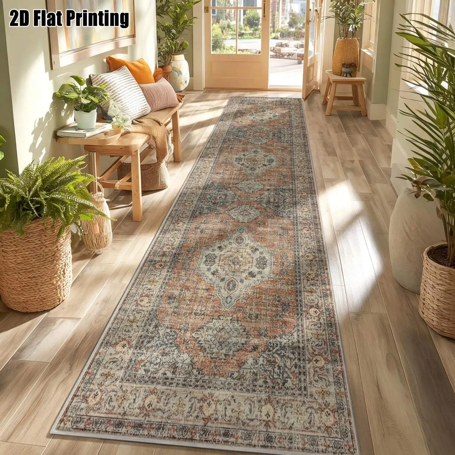 1Pc 2D Printed Long Strip Rug with Retro Red-Brown Geometric Patterns Multi-Style Options, Ideal Home Decor, Multiple Sizes, Machine Washable, Suitable for Entryway, Hallway, Living Room, Bedroom.