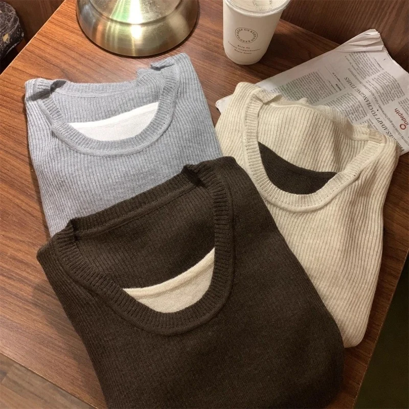 Women Autumn Korean‑Style Elegant Contrast‑Color U‑Neck Drawstring Faux Two‑Piece Knit Top lady Trendy Casual Long‑Sleeve Blouse
