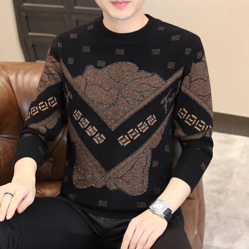 

Men's Winter Thiened ort Fce Patchwork Double-sided Fce round Ne Knitted Sweater European Sle Versatile Iron Dr...
