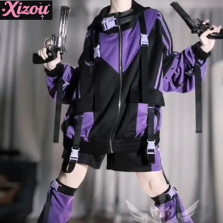 اليابانية ثنائية الأبعاد ارتداء سترة الرياح الوظيفية الأرجواني أعلى لون الماء بدلة رياضية الخريف Harajuku سترة نسائية السراويل