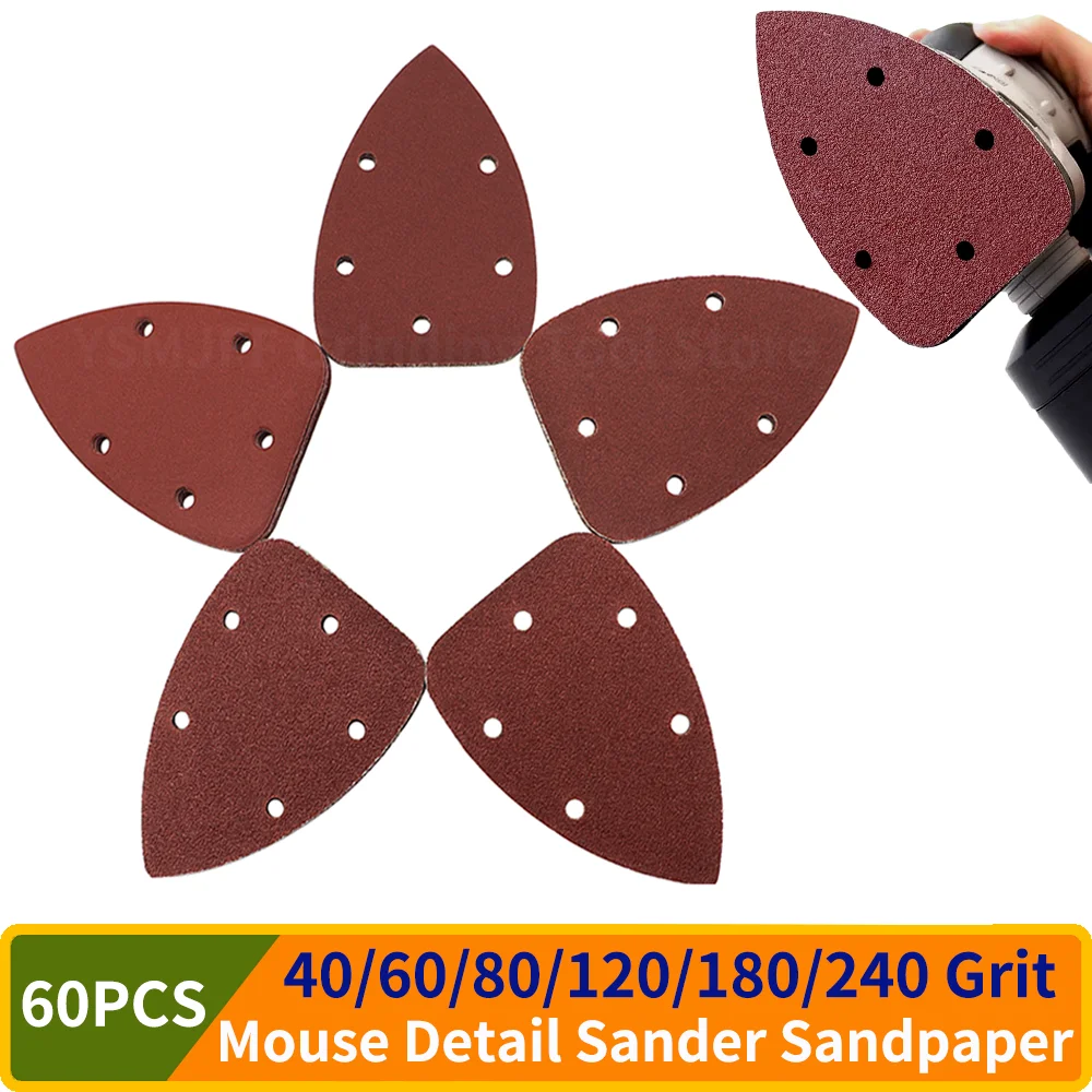 60PCS Mouse Detail Sander Sandpaper P40-P240 Grits Assorted Sanding Pads Triangular Sander Sandpaper for 140mm Sanding Machine