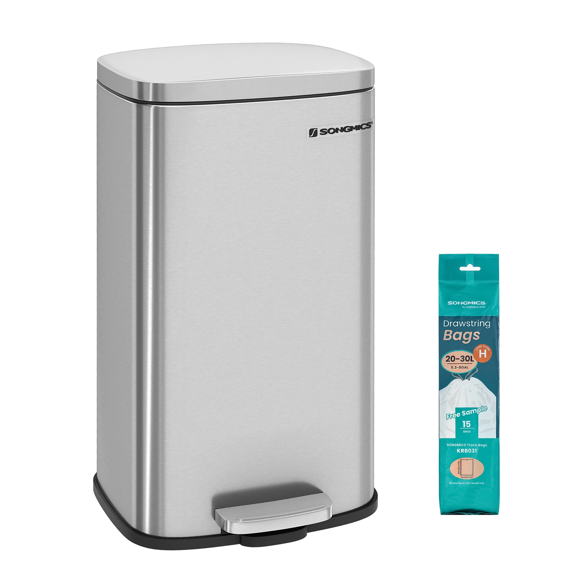 

SONGMICS Trash Can with Lid, 8 Gallon Garbage Can, Stainless Steel Small Waste Bin with Step Pedal and Inner Bucket, Soft Close