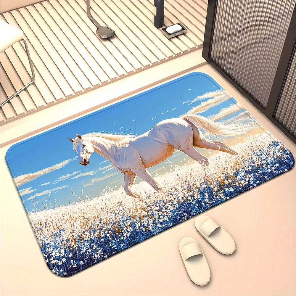 Luxurious White Horse Running Meadow Doormat Decorative Entrance Mat for Home Decor Farmhouse Rustic Indoor Outdoor Rug