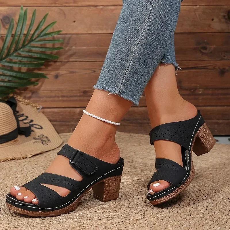 

New Fashion Women Summer Lightweight Hollow Sandals High Heels New Dress Chunky Open Toe Slippers Female Casual Slingback Shoes