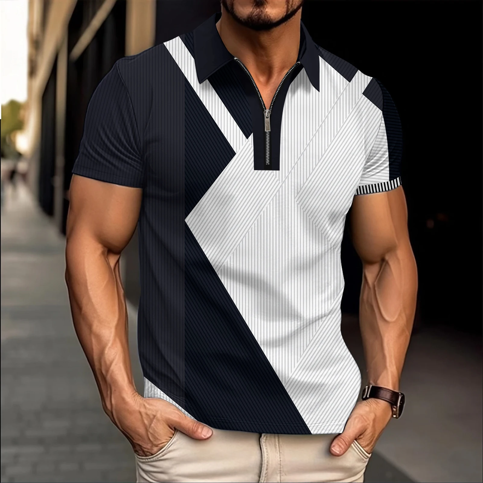 

Summer new men's short-sleeved Polo shirt painted print casual T-shirt lapel zipper fashion top interesting men's clothing