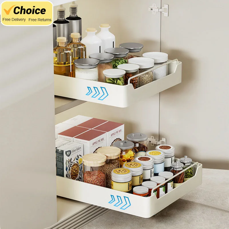 

New Kitchen Storage Rack with Slide Rails Pull-out Kitchen Drawer Type Storage Tray Spice Box Storage Rack Cabinets Organizer