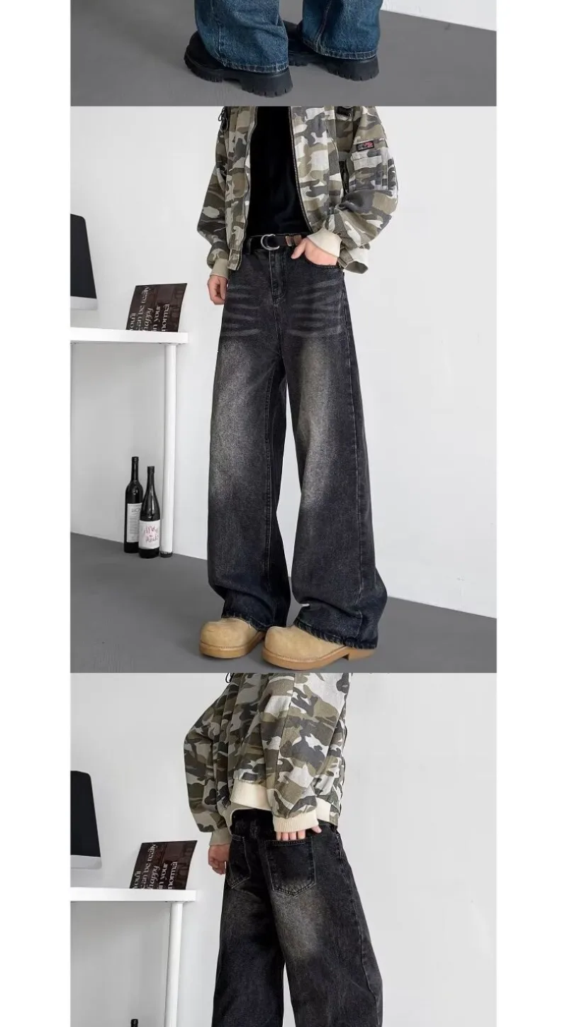 Herren Vintage Gewaschene Weite Jeans mit Hoher Taille, Lose Baggy Denim-Hose, Schwer Fallend, Lässiger Amerikanischer Streetwear-Stil, Lange Freizeithose – Detail 3