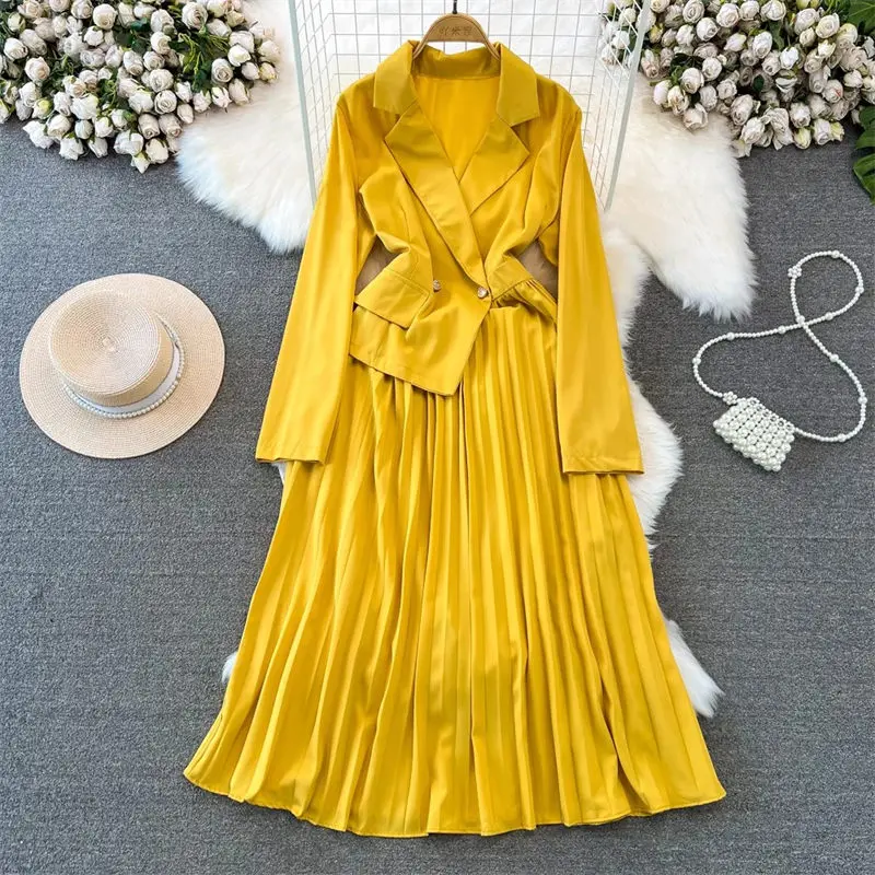 Luxury And Elegant Style Pleated Dress For Office Lady Long Sleeve Suit Collar Slim Mid Length A-Line Trench Coat Dress Z3857