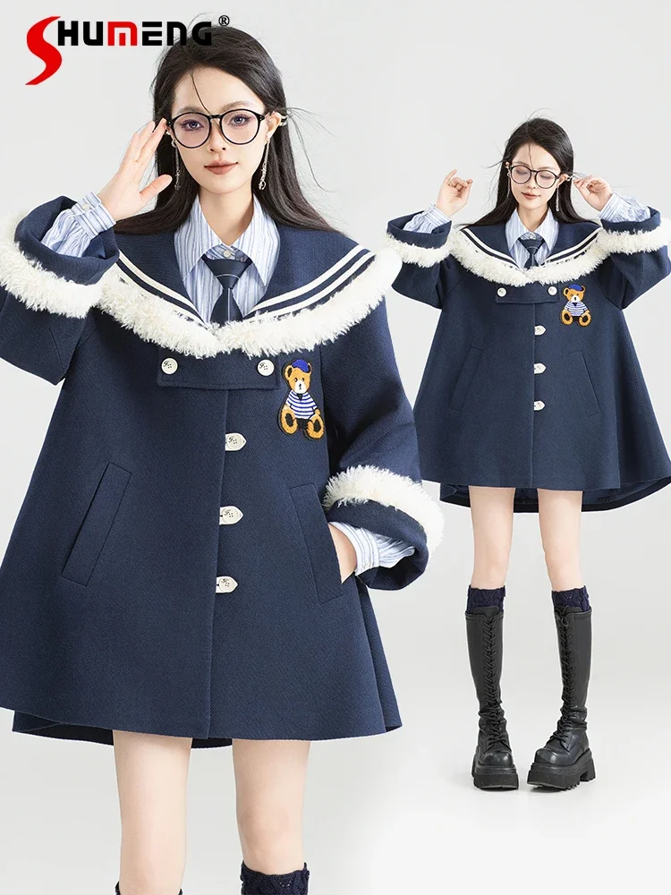 Japanische Süße Temperament Adrette Navy Kragen Plüsch Spleißen Woolen Mäntel Frauen Cape Lose Gerade A-line Winter Jacken