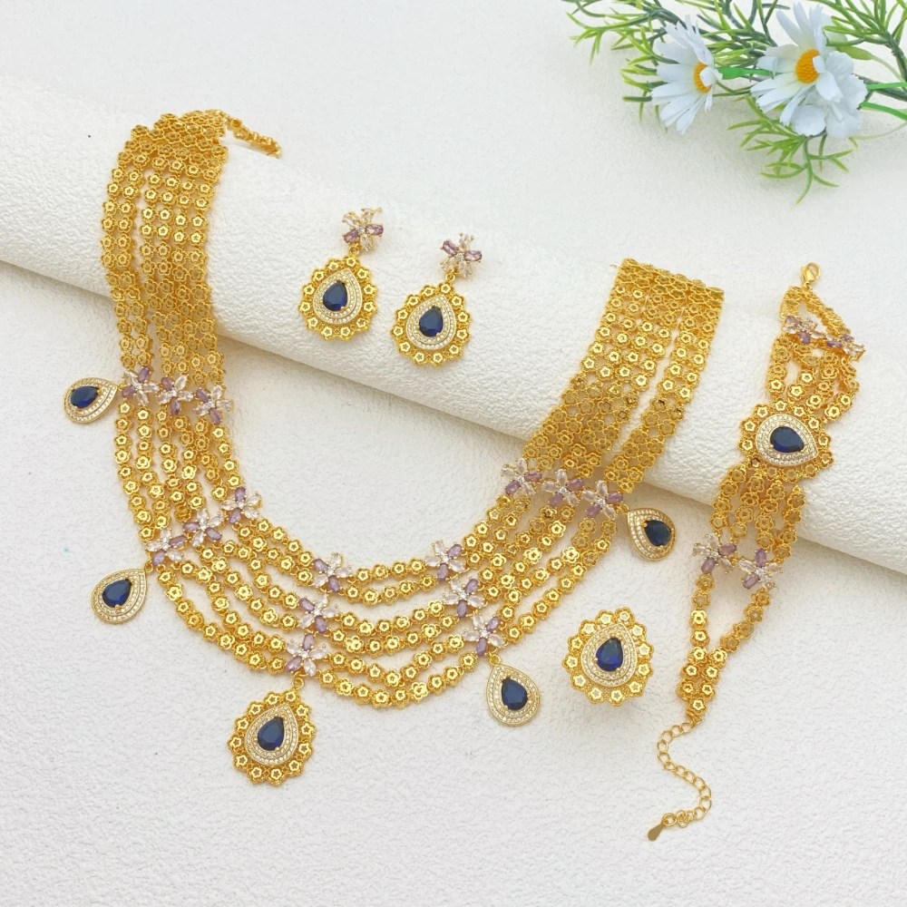 

Flora Middle East Saudi Arabia Wedding Cubic Zirconia Set Gold-Plated Copper Women's Jewelry Earrings Necklace Ring Bracelet Set