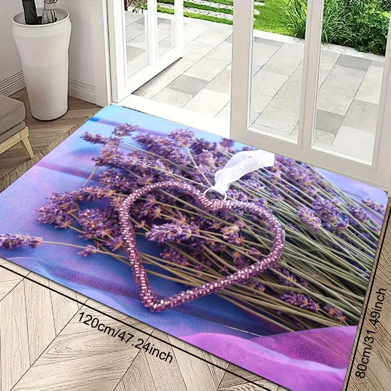 2D Flat Lavender Bouquet Heart Shape Romantic Flannel Area Rug Non Slip Floral Cottagecore Decor CarpetFor Bedroom BathroomFloor